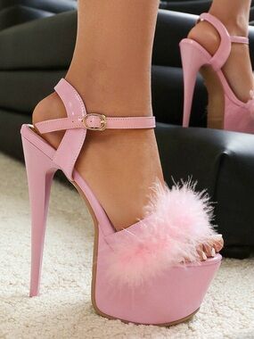 Pink Feather Platform Stiletto Sandals with Ankle Strap